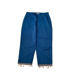 St John's Bay Capri Pant Women's 14 Blue Stretch Beaded Lace Hem Pull-On Cotton